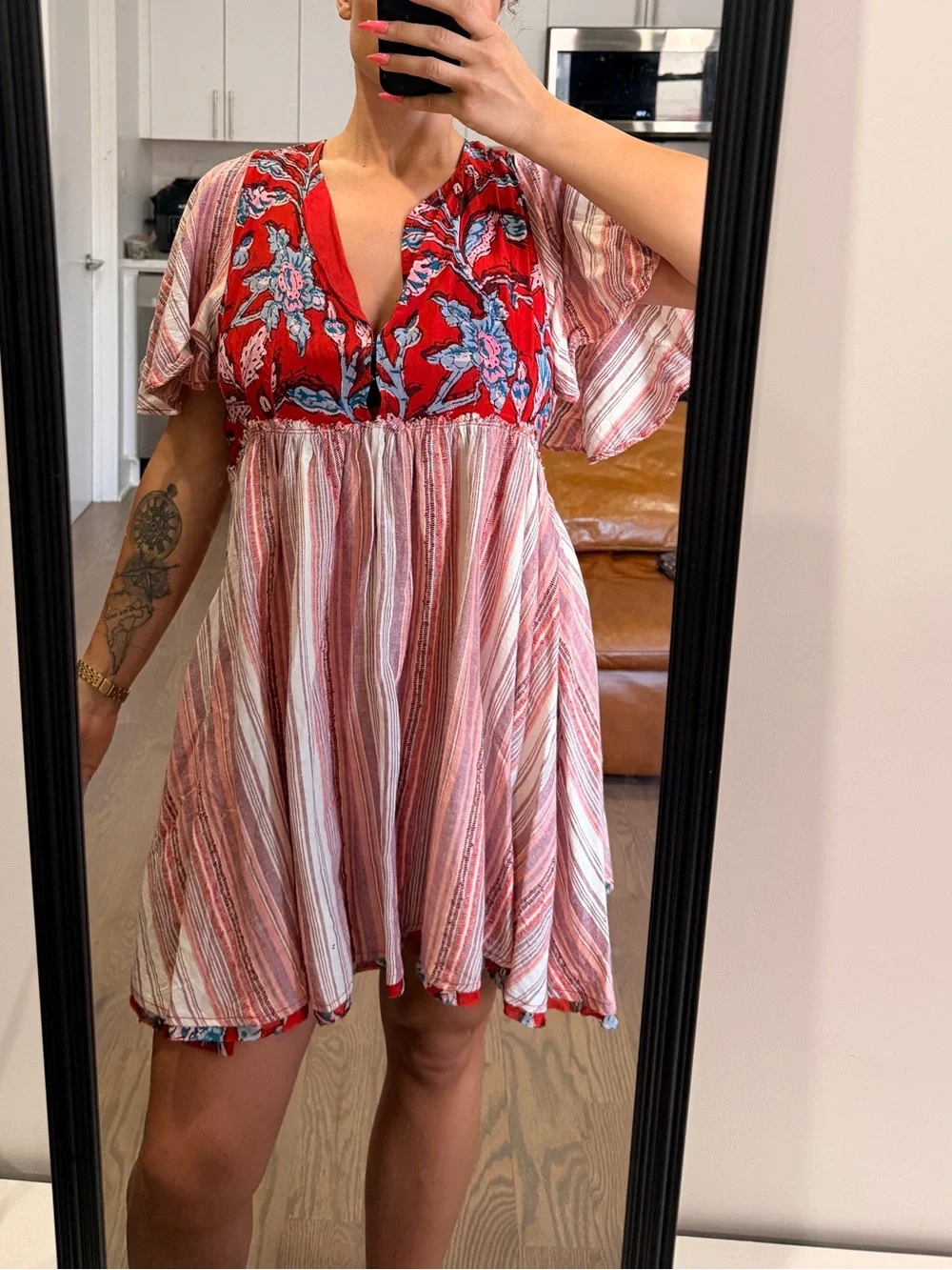 Free People Under The Sun Tunic Dress Floral Striped Red Rome
